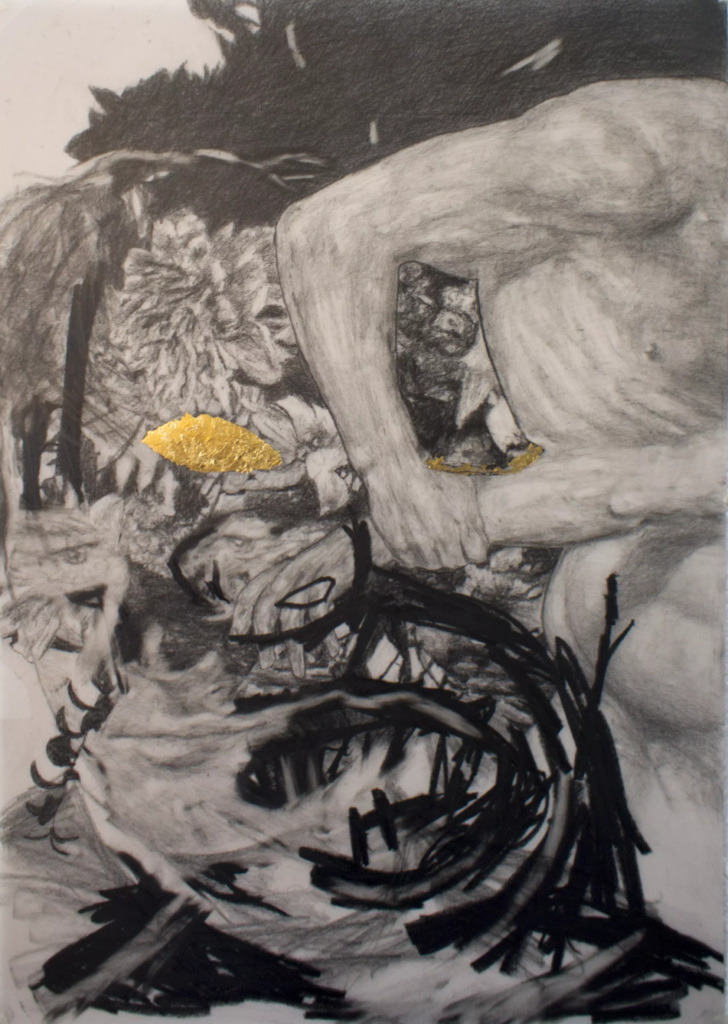 Incontrolable con des ojos de oro-42x59,4cm-graphite, feuilles d or, colle sur calques-2025
