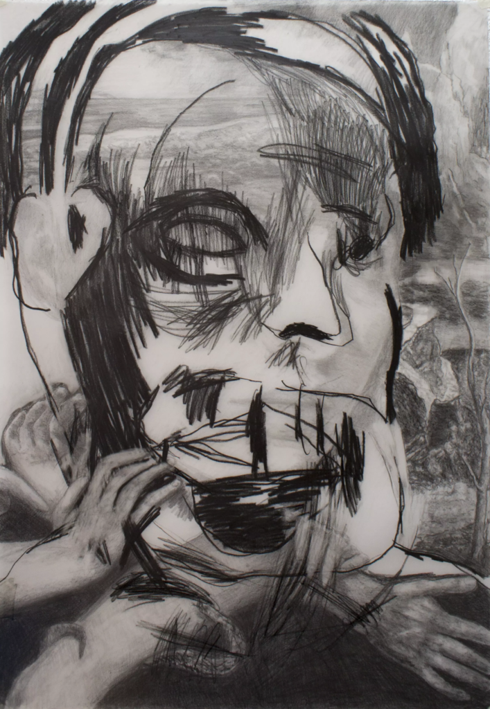 Ma bouche pleine de leurs mains-70x100cm-graphite sur calque-2025